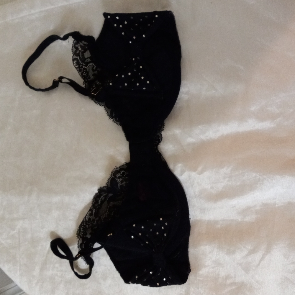 Carol Maloney Black Lace UW Bra Bow Rhinestones Nylon Sz 36D Half Padding